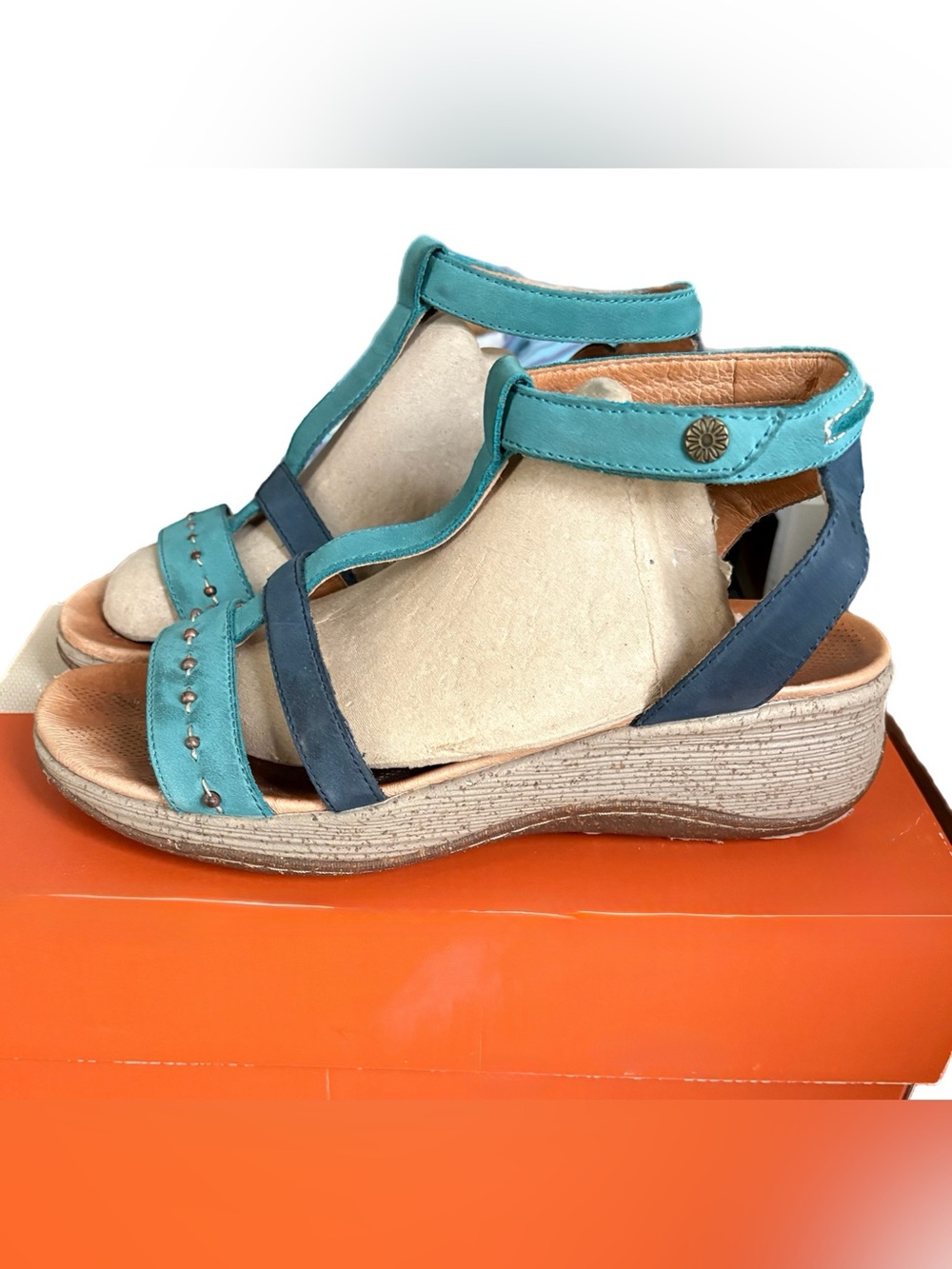 Acorn Turquoise and Navy Leather Wedge Sandals